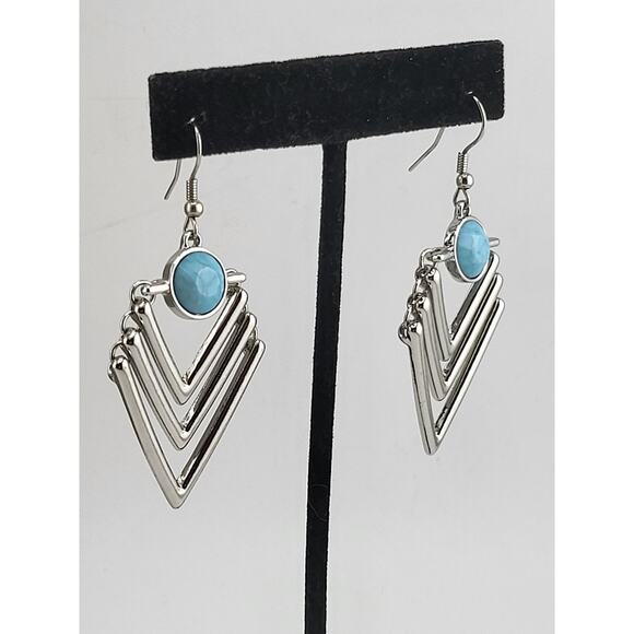 Silver Tone Turquoise Style Geometric Drop Earrings Boho Layered Dangle - Picture 4 of 6